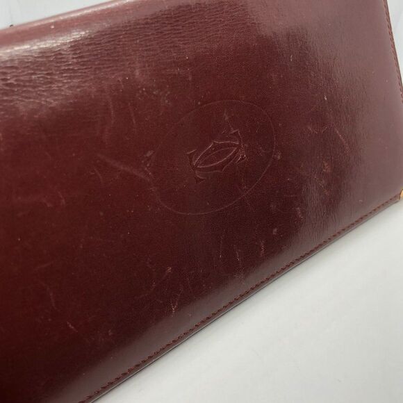 Must De Cartier Bordeaux Burgundy Red & Gold Leather Wallet Checkbook Holder - Picture 3 of 9